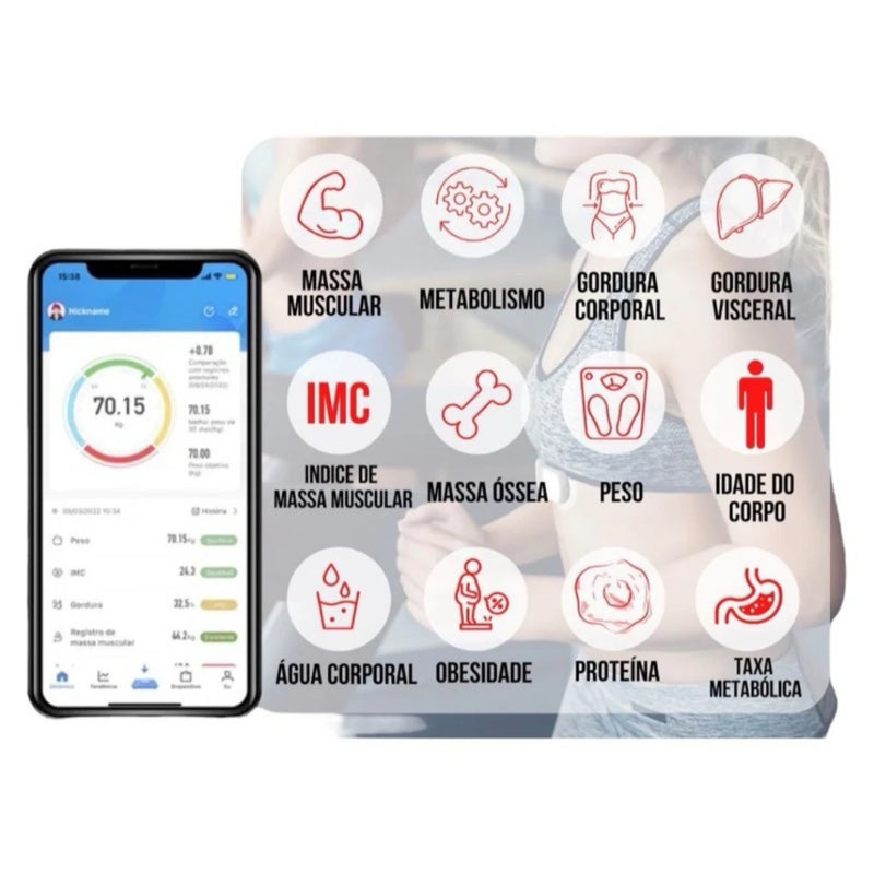 Balança Digital Corporal Bioimpedância Bluetooth – Acompanhe Sua Saúde com Precisão e Praticidade